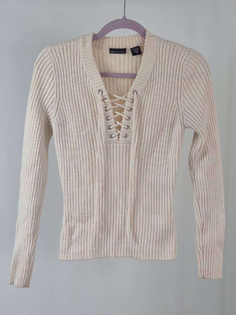 Moda International Sweater Womens M Wool Blend Lace Up Ribbed V Neck Y2K